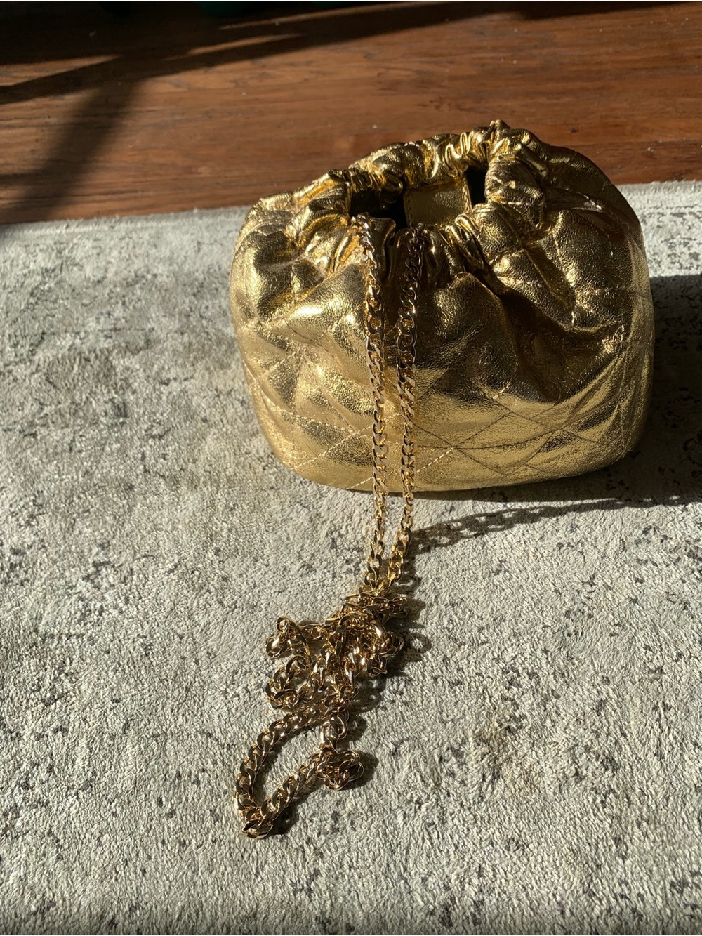 Zara Metallic Gold Quilted Drawstring Mini Bag